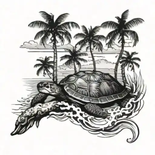 palm tree, island landscape, turtle swimming, mom tattoo tattoo design idea