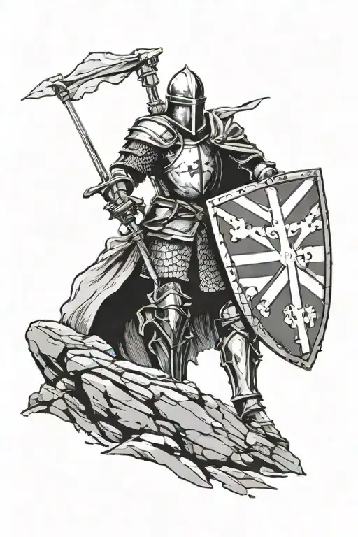 english knight oning his sowrd with his hands on top place through a rock with a english flag on the knight shoulder and tattoo design idea