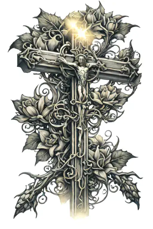 Cross with Jesus Christ, with light rays radiating, lys flowers at the extremities and a crown of thorns above tattoo design idea