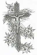 Cross with Jesus Christ, with light rays radiating , lys flowers at the ends of the cross and a crown of thorns above tattoo design idea