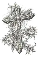 Cross with Jesus Christ, with light rays radiating , lys flowers at the ends of the cross and a crown of thorns above tattoo design idea