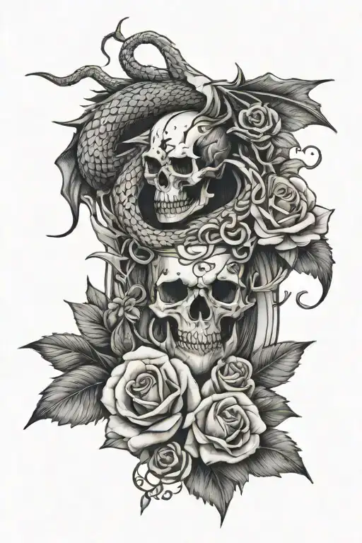 forearm tattoo with dragon, roses, cross, and skull  tattoo design idea