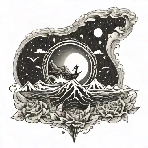 Glowing sun behind mountain, wind and water waves, three white children fly in the sky, framed by roses. tattoo design idea