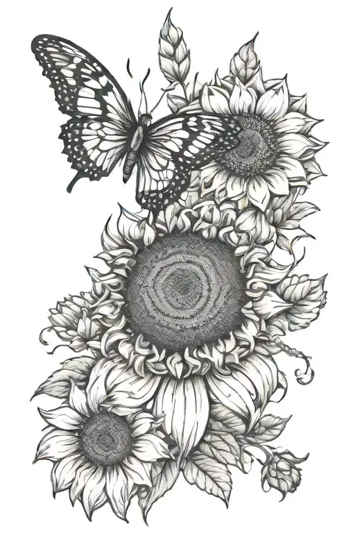 bouquet of sunflowers, chrysanthemum and gladiolus with a scorpion and Leo astrological sign. fine line feminine  tattoo design idea