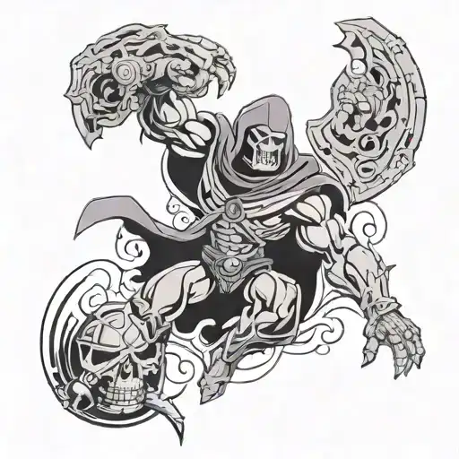 left Megatron jumping while shooting, center mumra with extended arms,right skeletor carring baculus on the right hand tattoo design idea