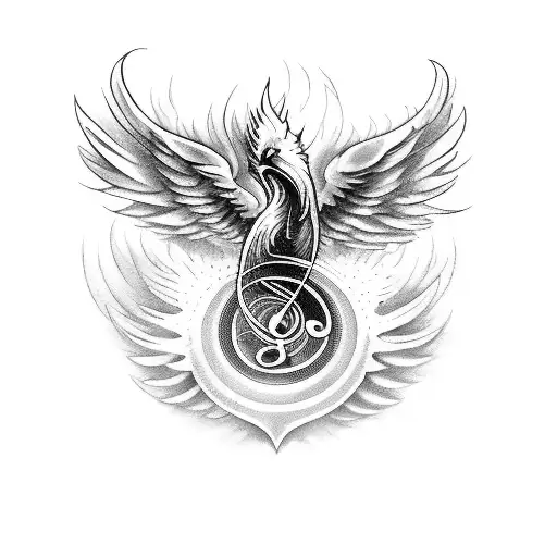 A phoenix rising from musical notes, symbolizing overcoming challenges tattoo design idea