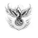 A phoenix rising from musical notes, symbolizing overcoming challenges tattoo design idea