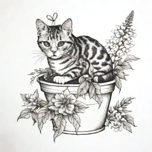 cat pot plant flower tattoo design idea