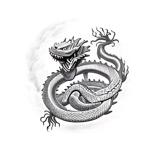 A fiercy dragon ketu snake blind but can see and tail is ruling a big mountain and is calmed by flowing river  tattoo design idea