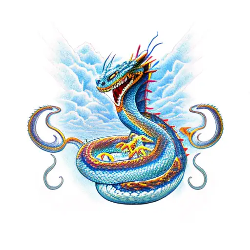 A fiercy dragon snake with no head only heart and tail is ruling a big mountain and is calmed by flowing river  tattoo design idea