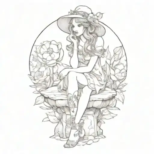 single sad fae sitting on toadstool with peonies tattoo design idea