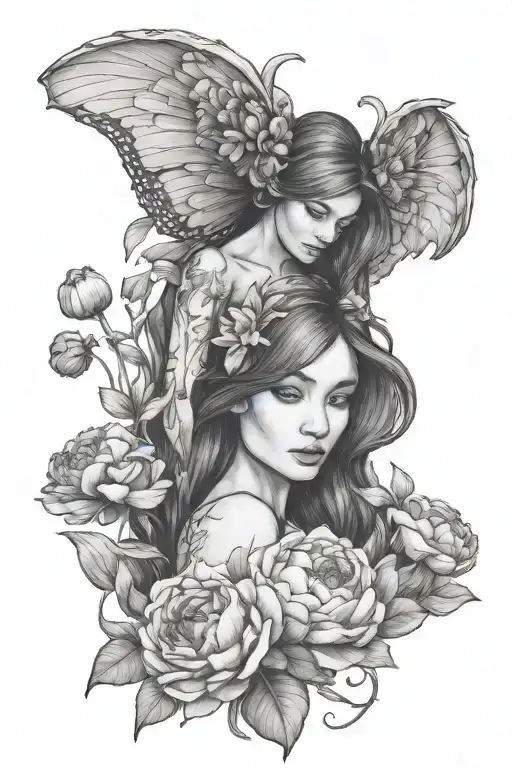 seated sad fae, peonies, mushrooms tattoo design idea