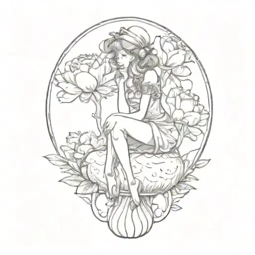 single small fae sitting on toadstool with peonies tattoo design idea