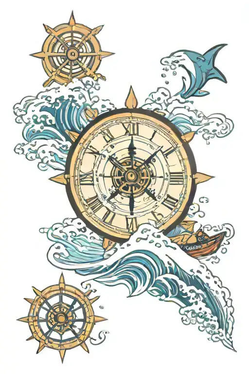 waves hitting a farlight, clock wheels, ship helm, compass tattoo design idea
