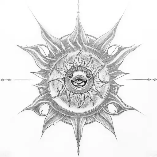 An intricate tattoo design featuring a radiant sun breaking through storm clouds, representing the beauty and power of both sunshine and storms. tattoo design idea
