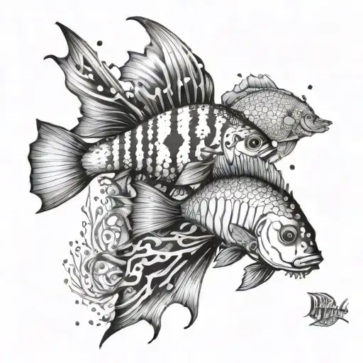A surrealistic interpretation of an underwater world filled with exotic saltwater fish tattoo design idea