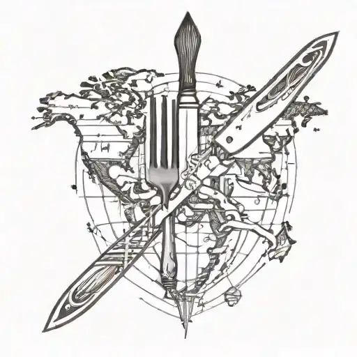 A tattoo design of a chef's knife and a fork crossed over a world map, symbolizing your love for cooking and traveling tattoo design idea