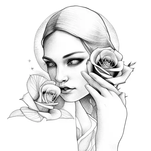 Mary's hands in prayer with roses in the back round and light shining through tattoo design idea