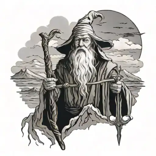 A detailed black and grey portrait of Gandalf the Grey with his staff, set against a backdrop of the Misty Mountains tattoo design idea