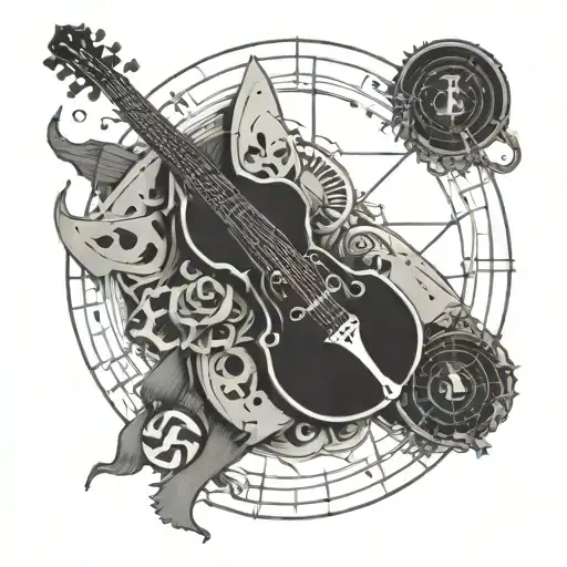 A dnd inspired tattoo for a bard with all the instruments in a circle and a death whistle in the middle tattoo design idea