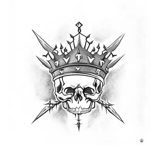 skull with a crown of thorns , and with the words god's villan tattoo design idea