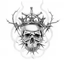 skull with a crown of thorns , and with the words god's villan tattoo design idea