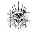 skull with a crown of thorns , and with the words god's villan tattoo design idea
