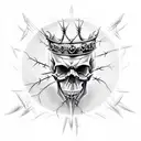 skull with a crown of thorns , and with the words god's villan tattoo design idea