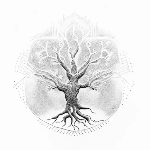 A dotwork tree of life with 'Kayla 15/09/2023' carved into the trunk tattoo design idea