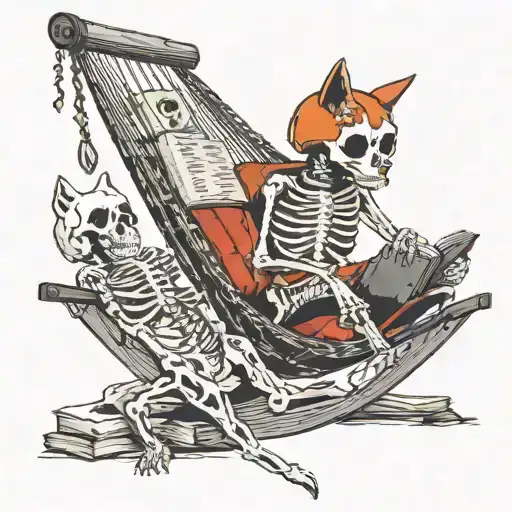 Skelton in a hammock with a skeleton cat on ground with stack of books tattoo design idea