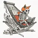 Skelton in a hammock with a skeleton cat on ground with stack of books tattoo design idea