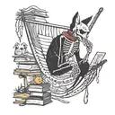 Skelton in a hammock with a skeleton cat on ground with stack of books tattoo design idea