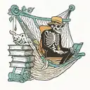 Skelton in a hammock with a skeleton cat on ground with stack of books tattoo design idea
