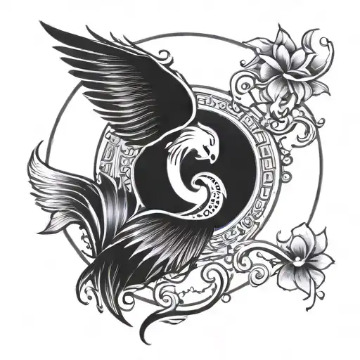 Phoenix, lotus flower, yin yang, Initials A and V tattoo design idea