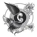 Phoenix, lotus flower, yin yang, Initials A and V tattoo design idea