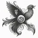 Phoenix, lotus flower, yin yang, Initials A and V tattoo design idea
