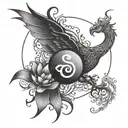 Phoenix, lotus flower, yin yang, Initials A and V tattoo design idea