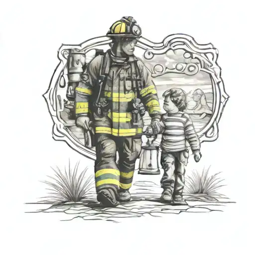firefighter holding hand with son walking tattoo design idea