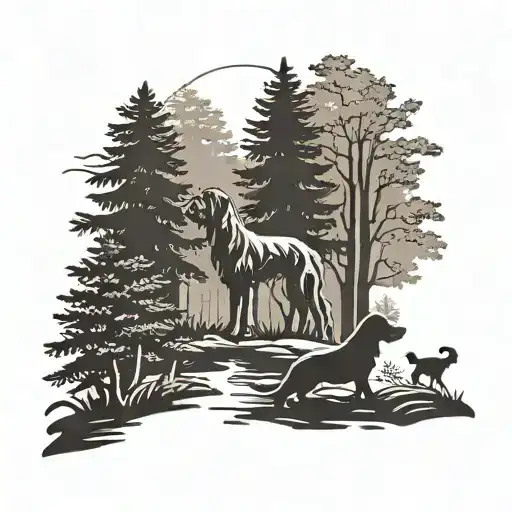 A silhouette of a cockapoo dog and children playing in a forest setting, with subtle woodwork details in the background tattoo design idea