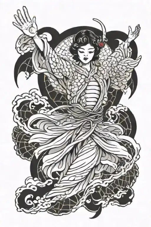 angel with hands out with spider web background   tattoo design idea