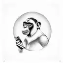 A black and white illustration of a chimpanzee holding a vinyl record, surrounded by cosmic plants tattoo design idea