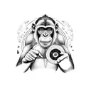 A black and white illustration of a chimpanzee holding a vinyl record, surrounded by cosmic plants tattoo design idea