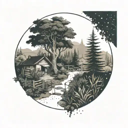 A trail winding through a lush forest, leading to a hidden club/bar where people are chilling and enjoying drinks tattoo design idea