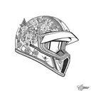 old school dirt bike helmet with branches and flowers blooming from inside the helmet tattoo design idea