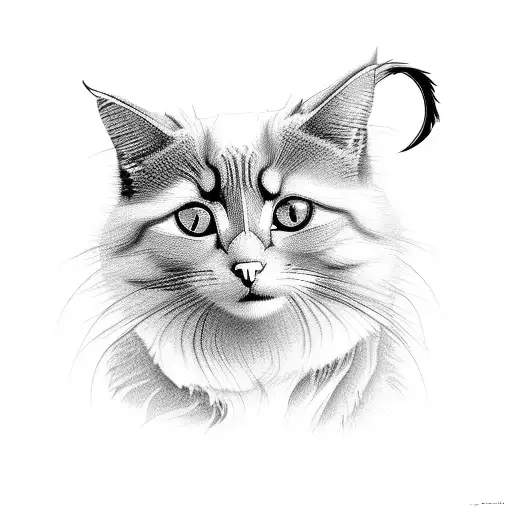 A stylized black and grey tattoo of a cat nestled within the branches of a willow tree tattoo design idea