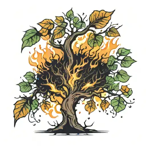 burning tree with leaves falling tattoo design idea