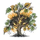 burning tree with leaves falling tattoo design idea