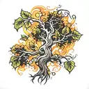 burning tree with leaves falling tattoo design idea