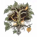 burning tree with leaves falling tattoo design idea
