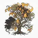 burning tree with leaves falling tattoo design idea